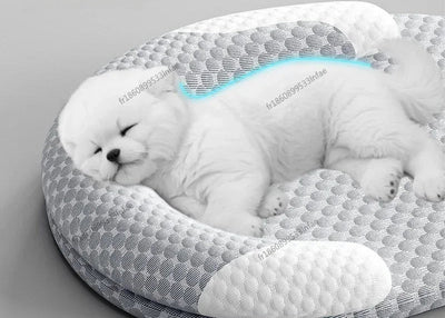 White dog sleeping on a gray and white Cooling Dog Cushion.