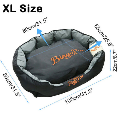 Dog bed with dimensions labeled, featuring.