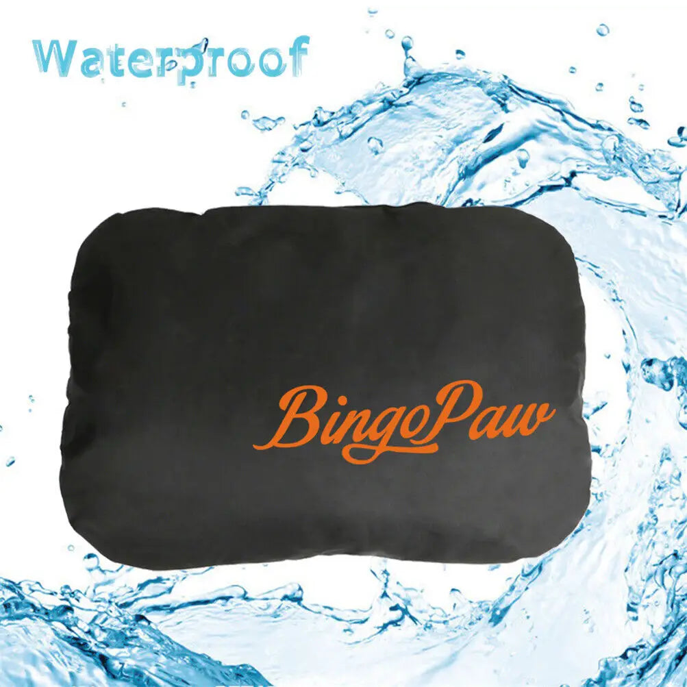 Black waterproof cushion with 'BingoPaw' branding surrounded by water splashes