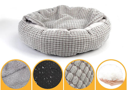 Gray textured pet bed with close-up details on a white background